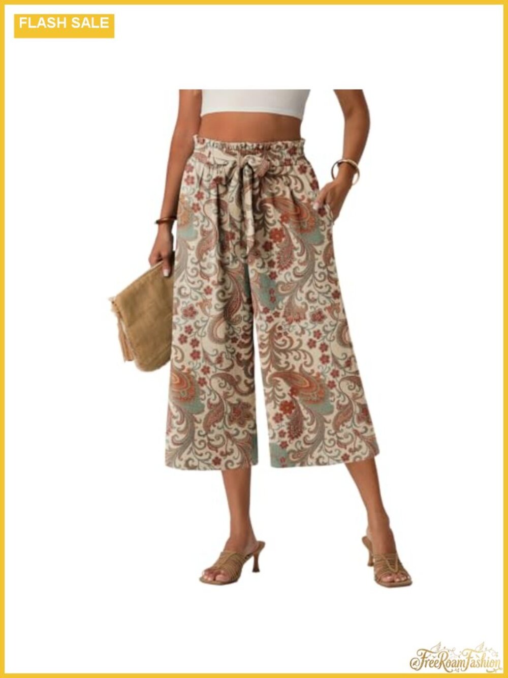 Women Wide Leg Capri Pants High Waisted Casual Wear with Pockets